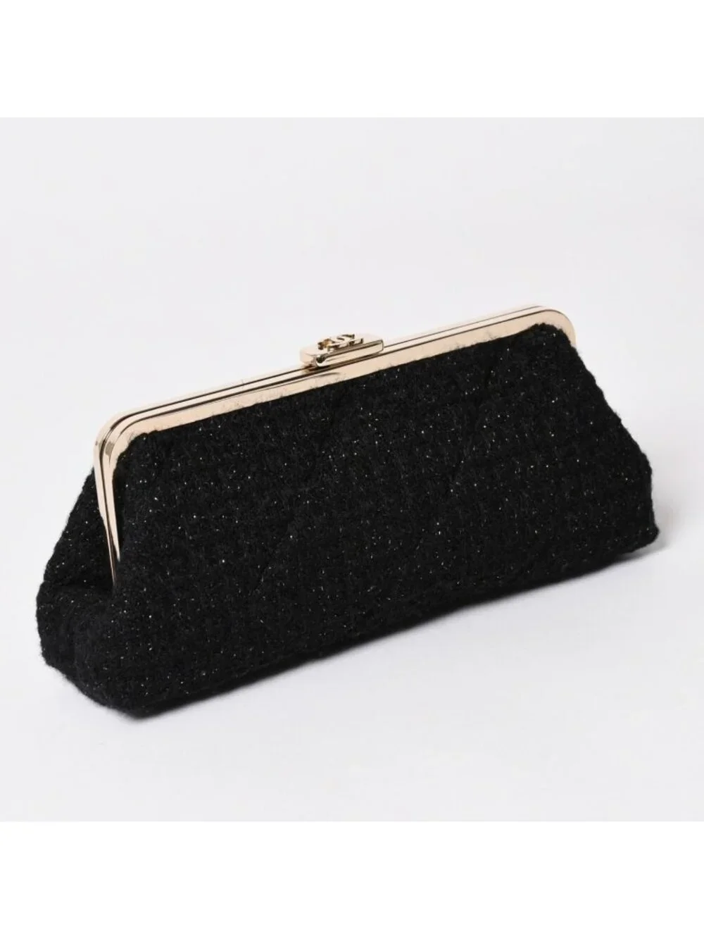 Chanel Clutch Pouch CC Logo Tweed Kiss Lock Black Gold